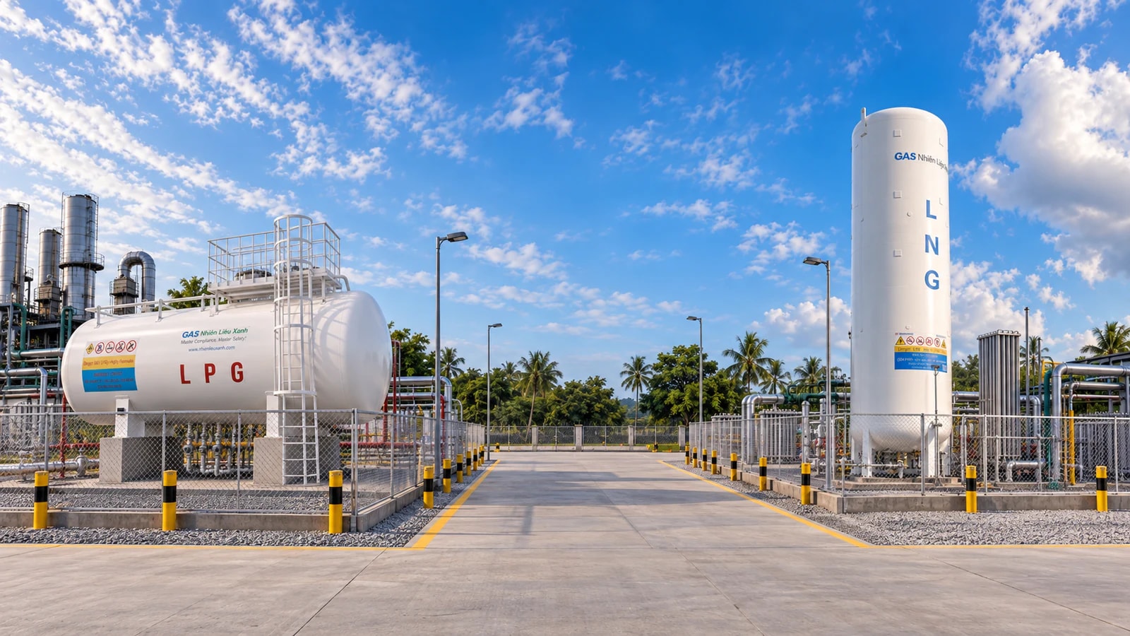 Hai khu lắp đặt tách biệt: bồn LPG nằm ngang bên trái và bồn LNG đứng bên phải, giữa là lối vận hành rộng